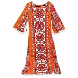 Vintage Penneys Hawaii Maxi Dress Orange Red Medallion Bell Sleeve 70s Boho Med
